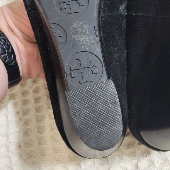 TORY BURCH Sally Black Suede US 6.5M Slip-On Wedge-Heel Logo‎ Pumps Shoes - Picture 11 of 14